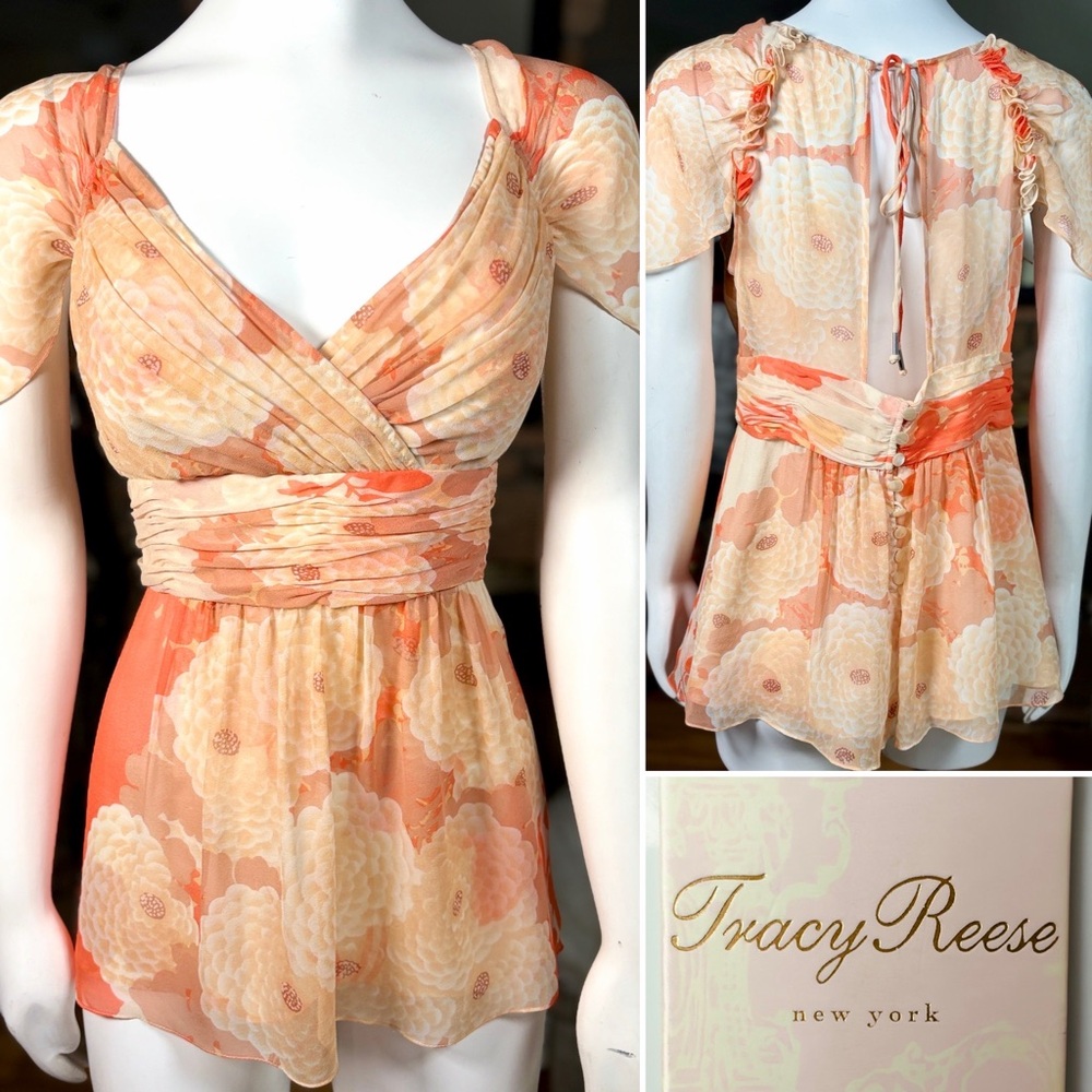 Tracy Reese 100% Silk Nectar Chrysanthemum Flowy Keyhole Back Blouse, Sz 12 - Picture 2 of 15